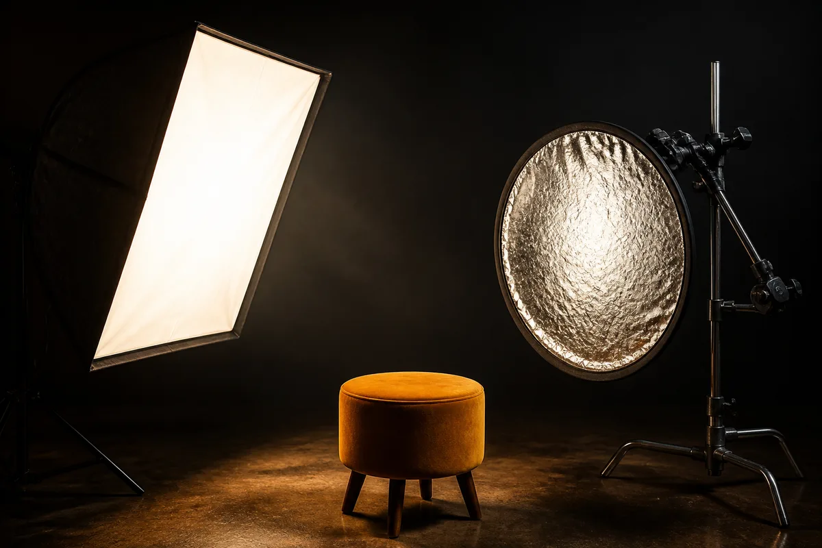 Boîte à lumière latérale et réflecteur argenté disposés autour d un tabouret de studio
