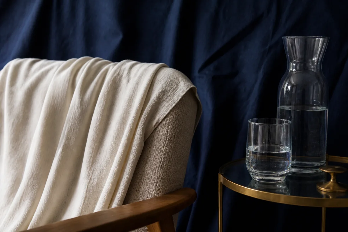 Tabouret de studio, tissu drapé et carafe d eau posés près d un fond textile sombre