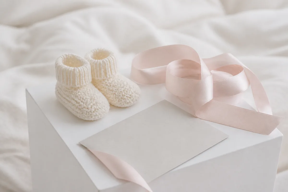 Fond textile clair et petits chaussons posés sur un cube de studio