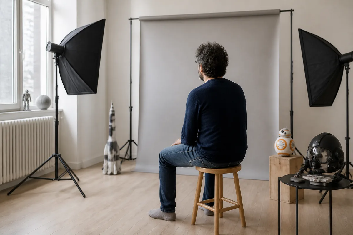 Portrait scénarisé d un père dans un décor évoquant un univers de science-fiction