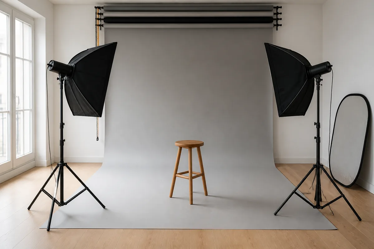 Tirages photographiques suspendus à un rail de cimaise dans une salle d'exposition