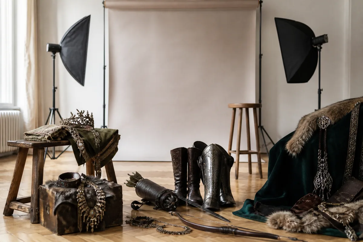 Détails de costume et accessoires disposés avant une séance fantasy