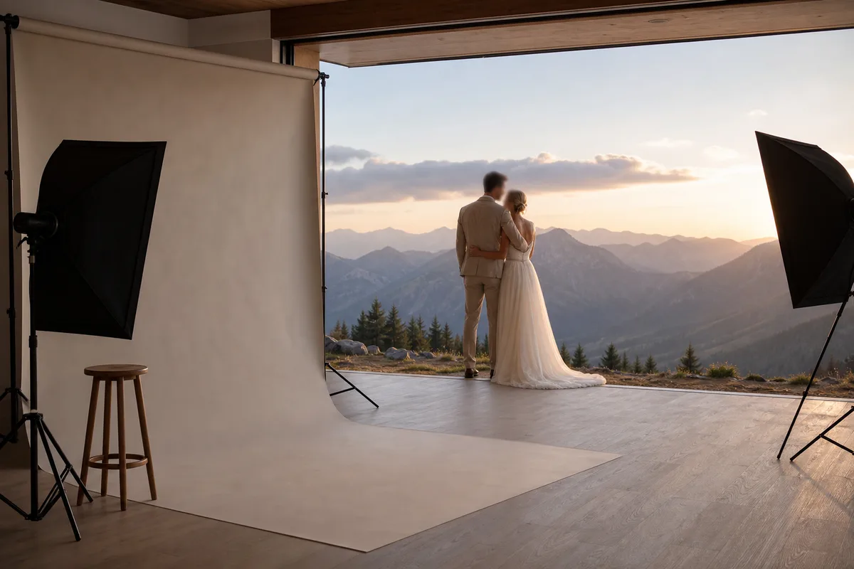Couple de mariés photographié en fin de journée devant un paysage de montagne