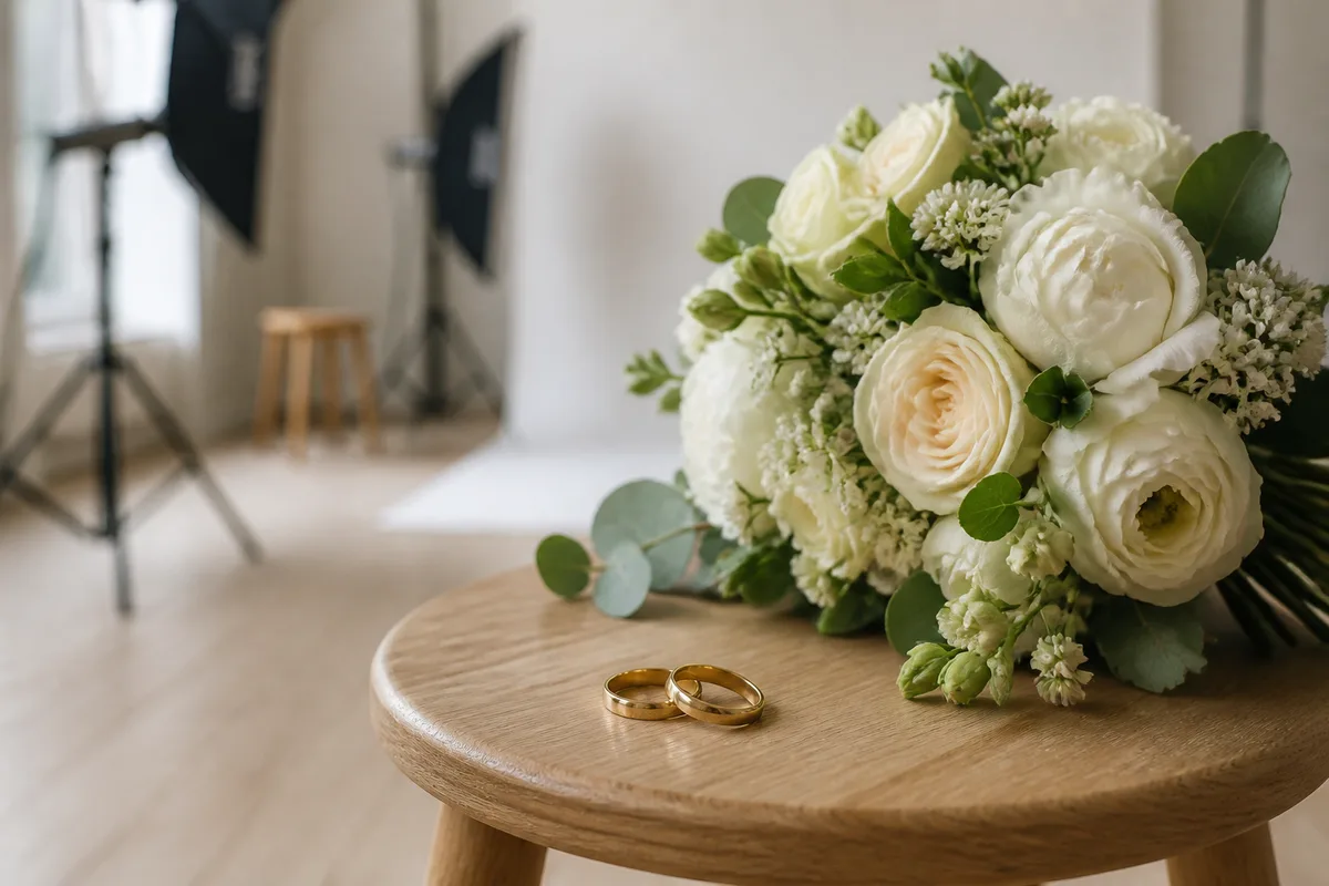 Détail des alliances et du bouquet photographié pendant les préparatifs
