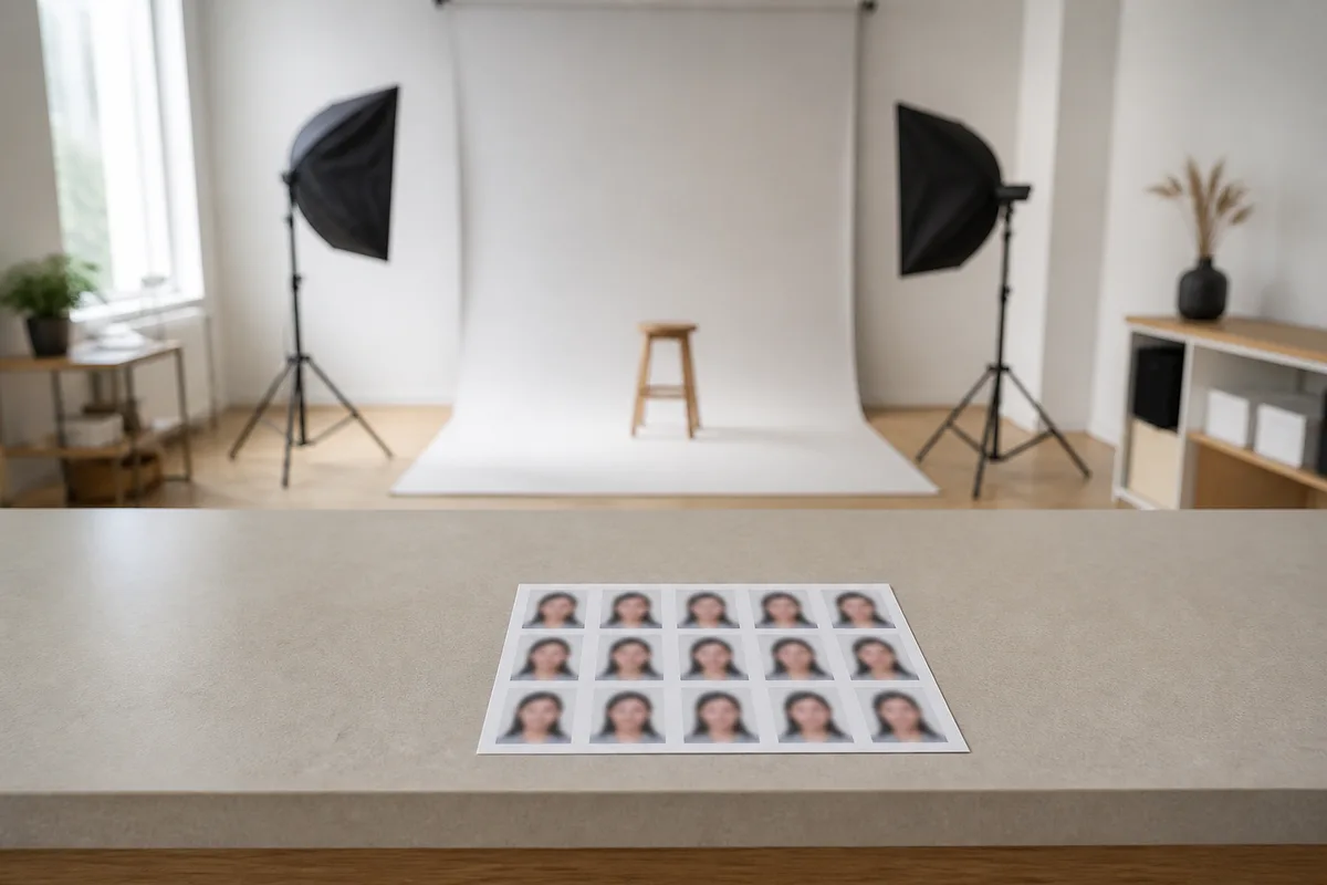 Planche de photos d identité au format réglementaire posée sur un comptoir