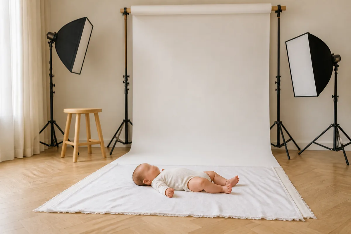 Bébé allongé sur un drap uni clair pour une photo d identité conforme