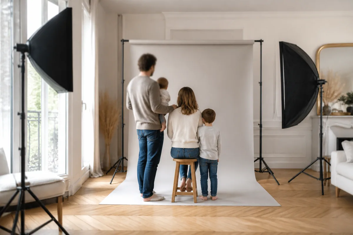 Famille photographiée dans son salon près d une grande fenêtre