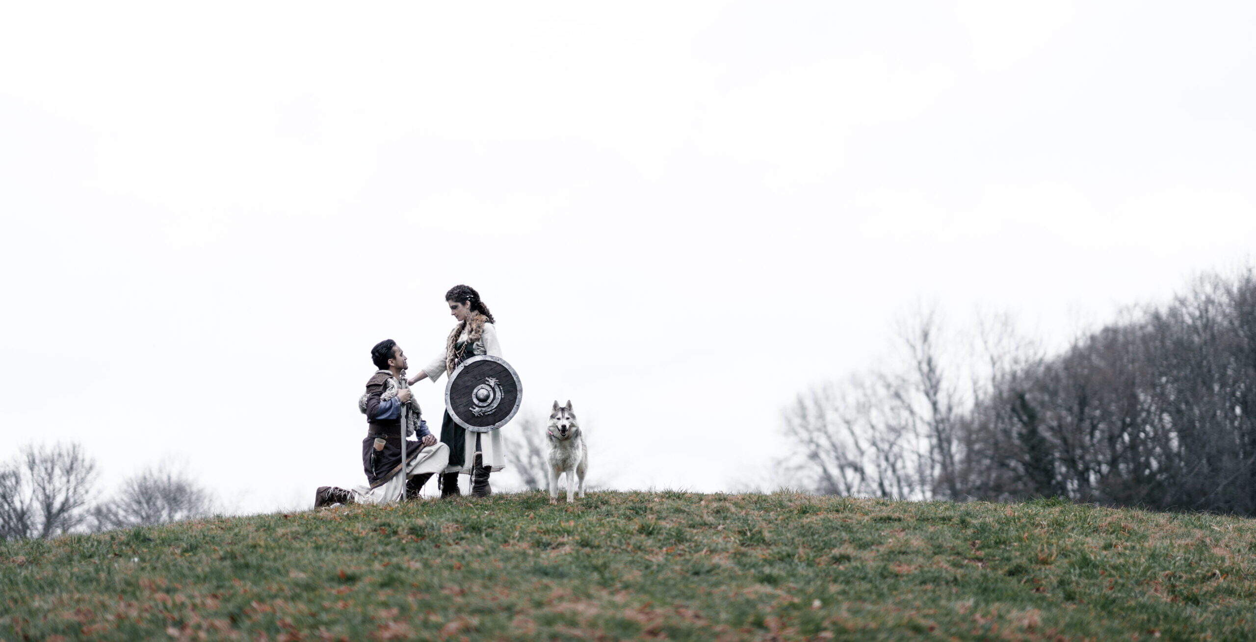 Photo de deux viking sur une colline avec un chien loup